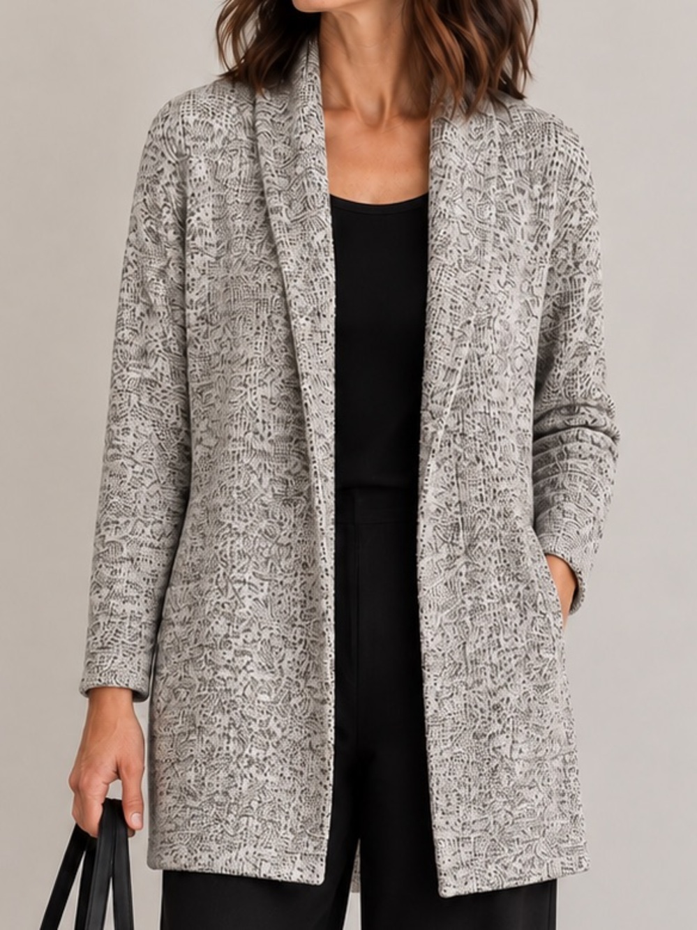 Eileen Fisher Gray Tweed Knit Open Front Long Cardigan Jacket Size L